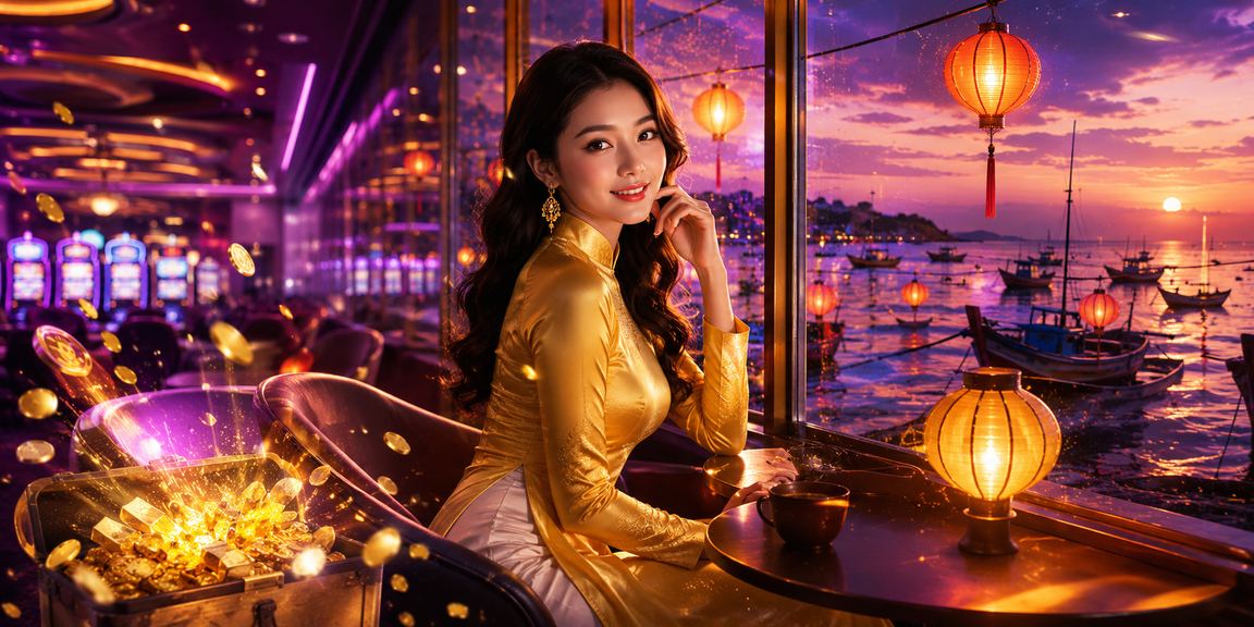 Cô gái mặc áo dài truyền thống Hội An ngồi xem thông tin cá cược casino trực tuyến trên điện thoại