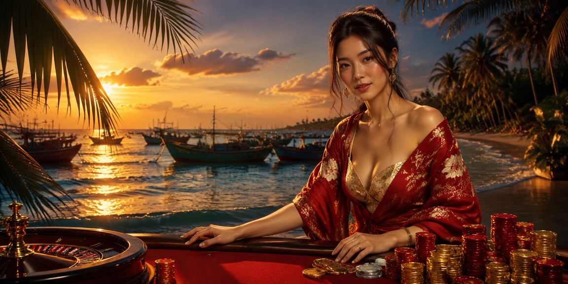 Bãi biển Mũi Né với người dùng ngồi trên ghế bãi biển kiểm tra kết quả xổ số và kèo thể thao trên điện thoại